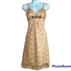 NWOT Guess nude mini A-line dress beaded gold lace overlay Womens Large